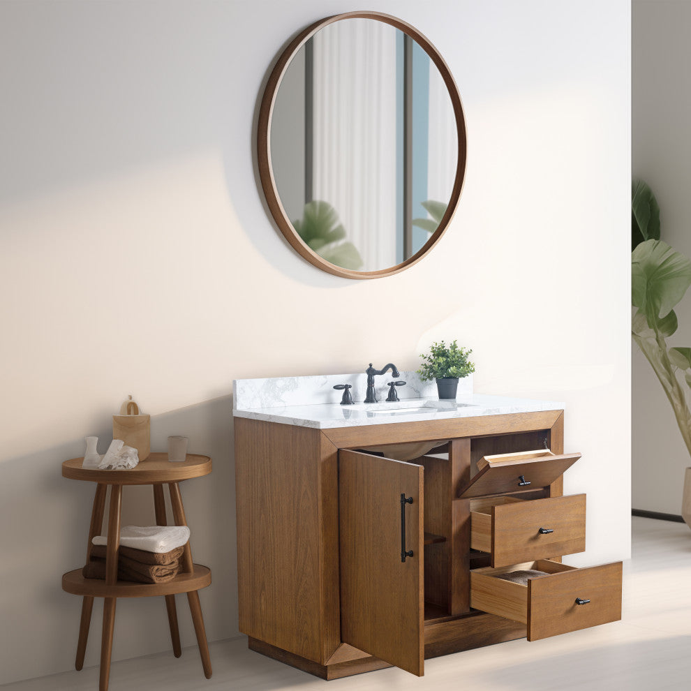 Vanity Art Bathroom Vanity With Sink, Tan, 42" Single, Arabescato White Engineered Marble Top