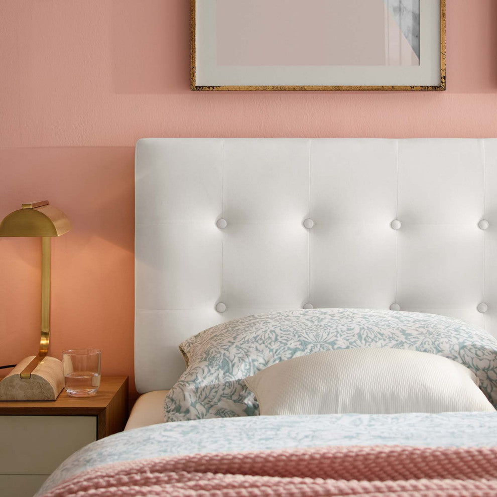 Contemporary Modern Bedroom Full Size Tufted Headboard, Velvet Fabric, White