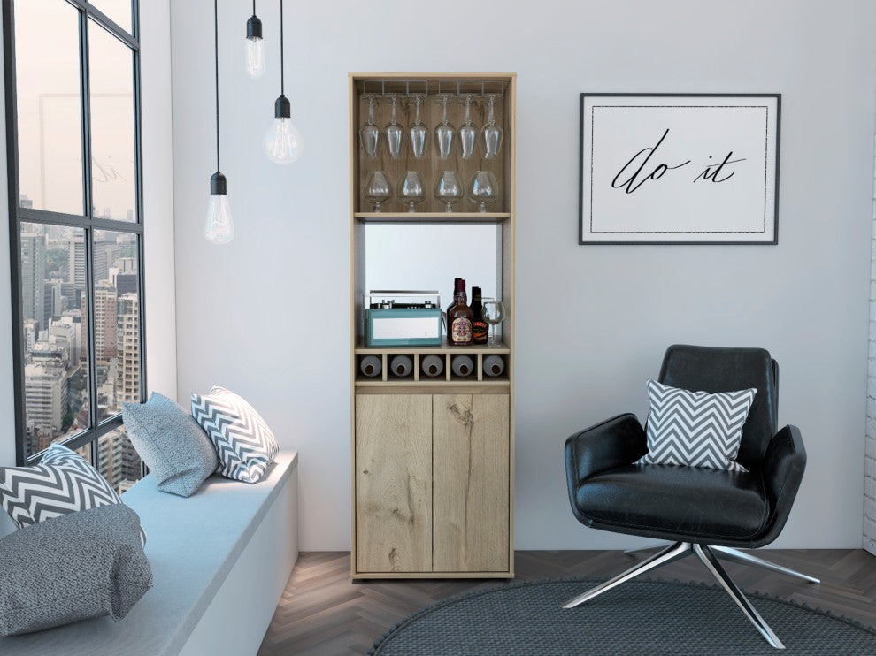 Redding Bar Cabinet with Open Shelves, Glass Rack, and 5 Wine Cubbies, Light Oak