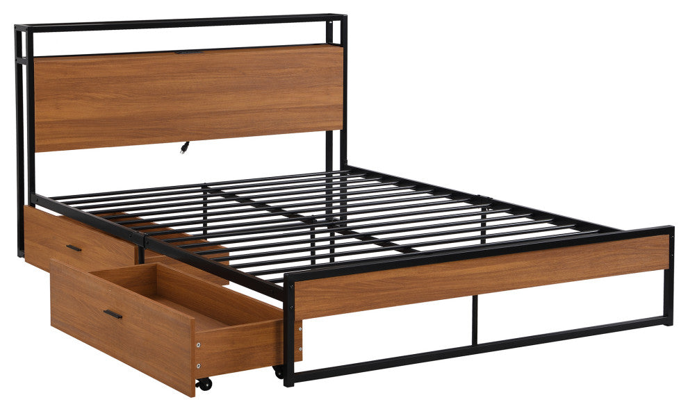 Full/Queen Metal Frame Wood Platform Bed with Two Drawers,Sockets and USB Ports,