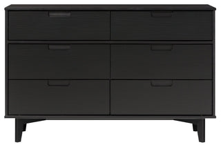 Mid Century Modern Double Dresser, 6 Drawers & Cut Out Grooved Handles, Black