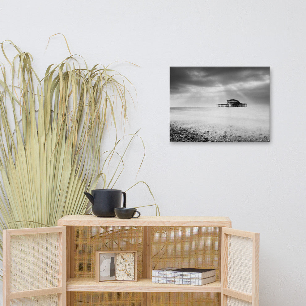 Abandoned West Pier Coastal Seascape Black & White Photo Canvas Art Print, 18" X 24"