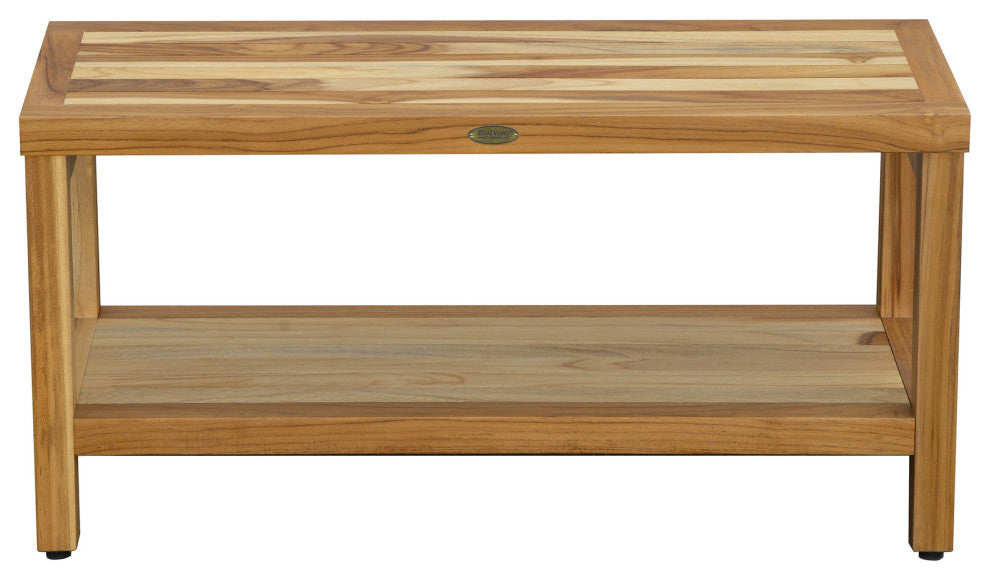 HomeRoots Large Rectangular Teak Bench With Shelf, Natural Finish