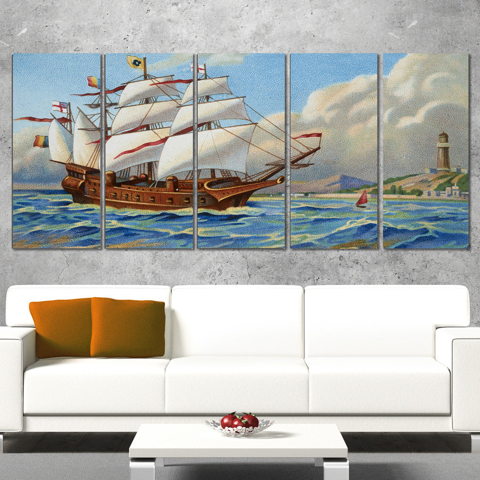 "Ancient Boat Drifting in Sea" Canvas Print, 5 Panels, 60"x28"