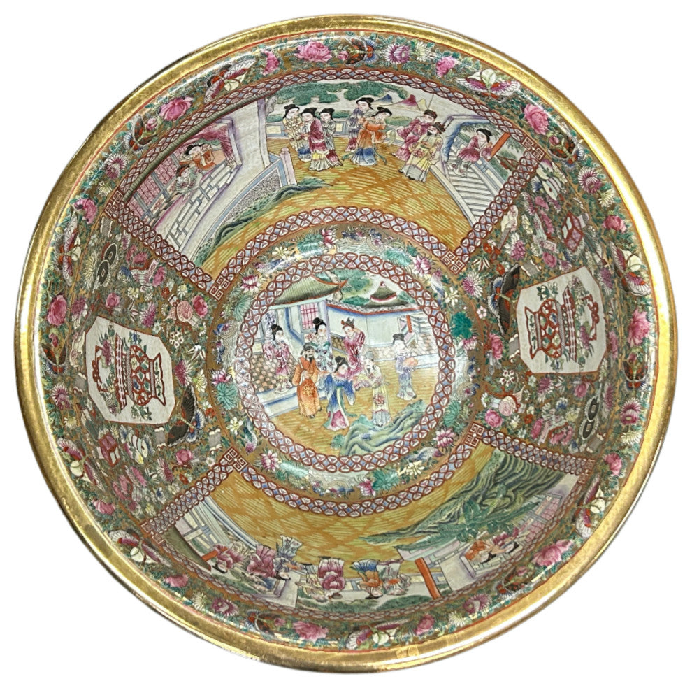Vintage Chinese Famille Rose People House Graphic Porcelain Bowl Pot Hws4342