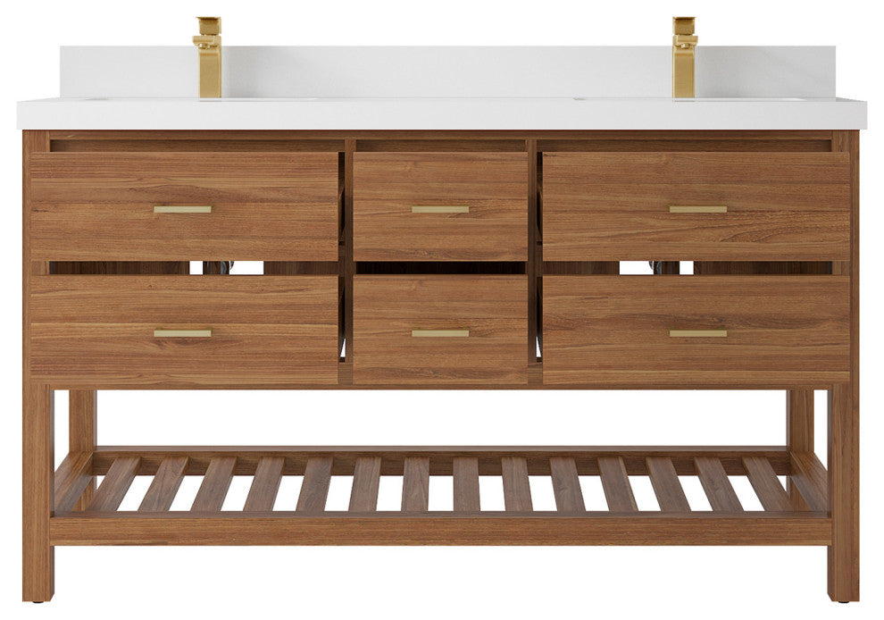 Parker Teak 60" Double Sink Vanity, Golden Teak, 2" White Quartz