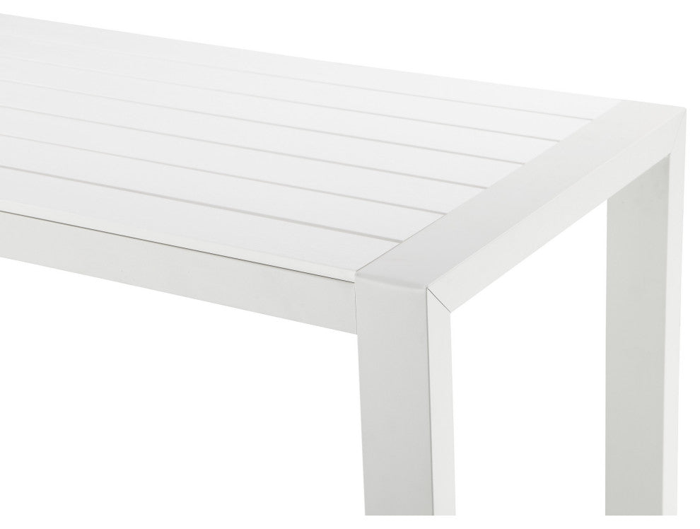Benzara BM287806 Outdoor Bar Height Table, White Aluminum Frame, Plank Surface