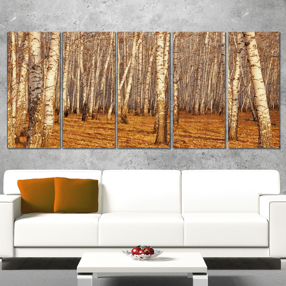 Dense Birch Forest in the Fall, Forest Canvas Art Print, 60"x28", 5 Panels
