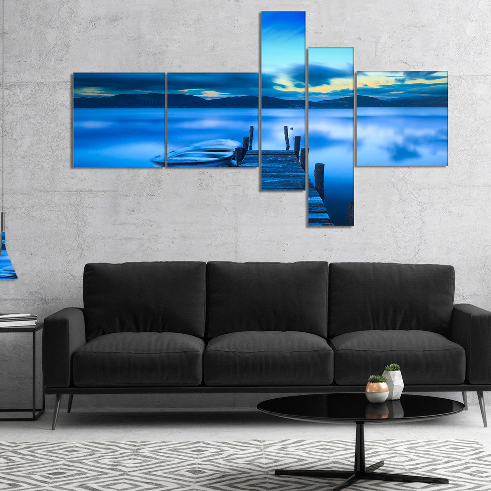Cloudy Blue Sky with Pier, Seascape Canvas Art Print, 60"x32", 5 panels