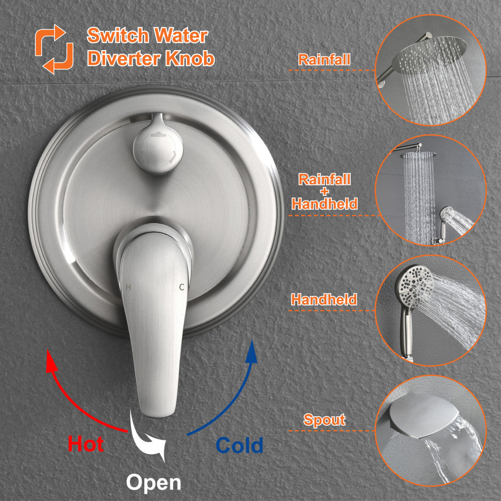 Waterfall Tub Spout Shower System, Handheld Shower Head, Brushed Nickel