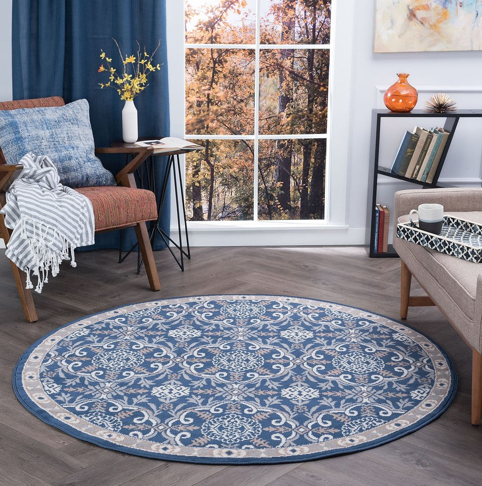 Izel Traditional Brocade Area Rug, Navy, 7'10'' Round