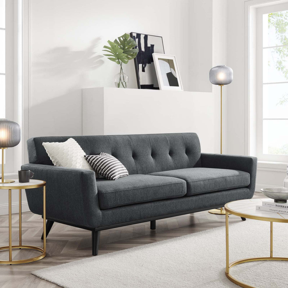 Sofa, Charcoal Gray, Fabric, Modern, Mid Century Hotel Lounge Cafe Lobby