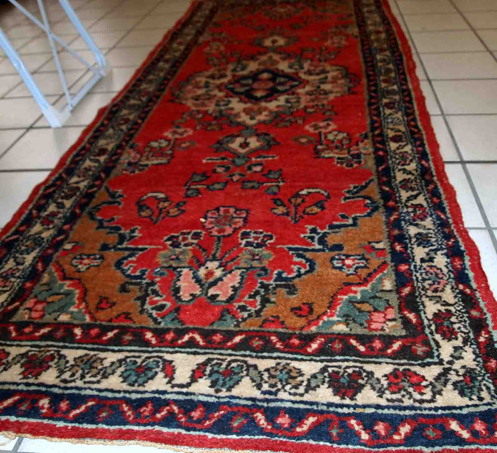 Handmade vintage Persian Hamadan runner 2.6' x 6.3' (81cm x 194cm) 1960s