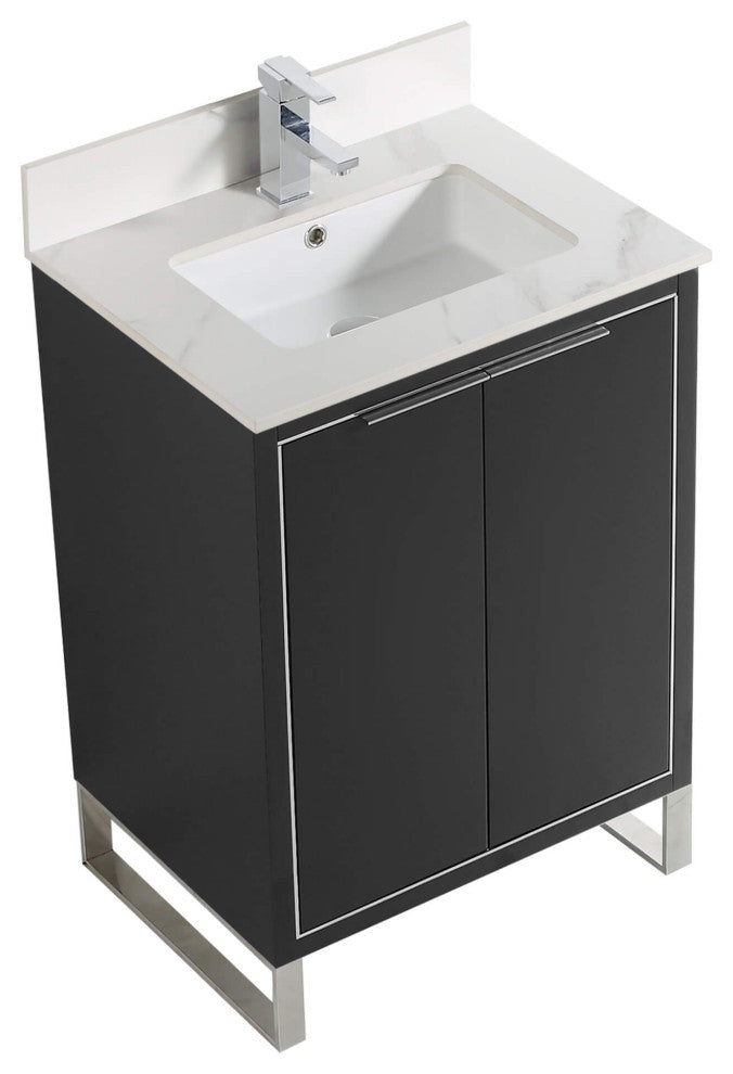 Opulence Bath Vanity, Black Matte, 24", Chrome Hardware, White Carrara Top
