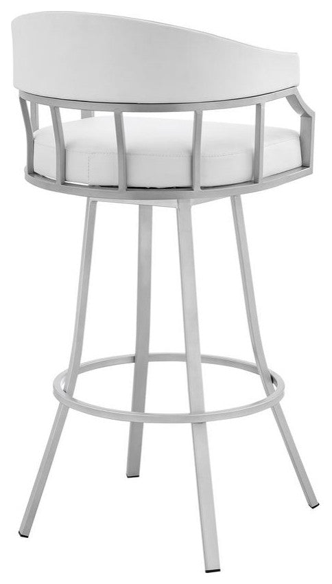 Swivel White Faux Leather and Silver Metal Bar Stool