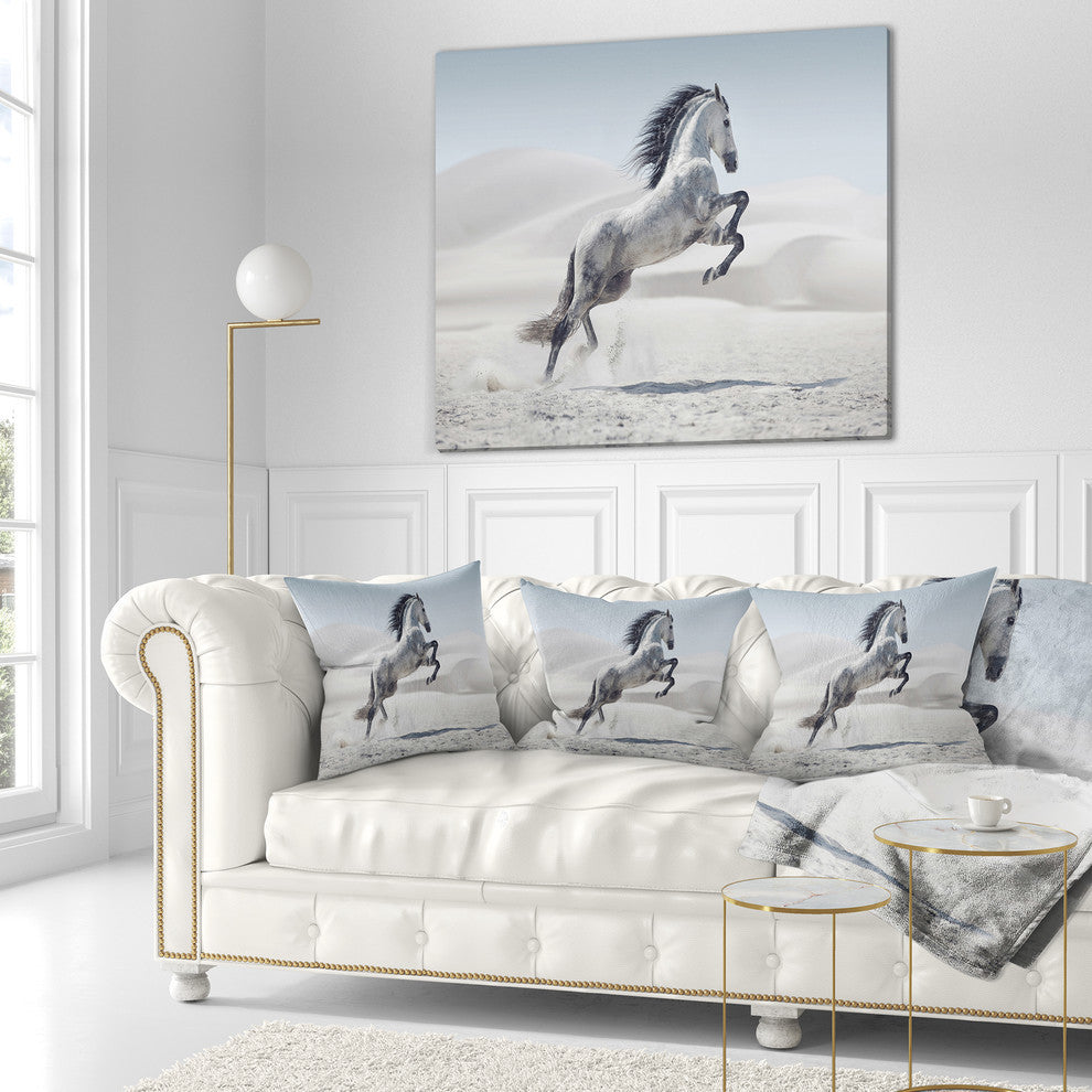 Galloping White Horse Animal Throw Pillow, 18"x18"