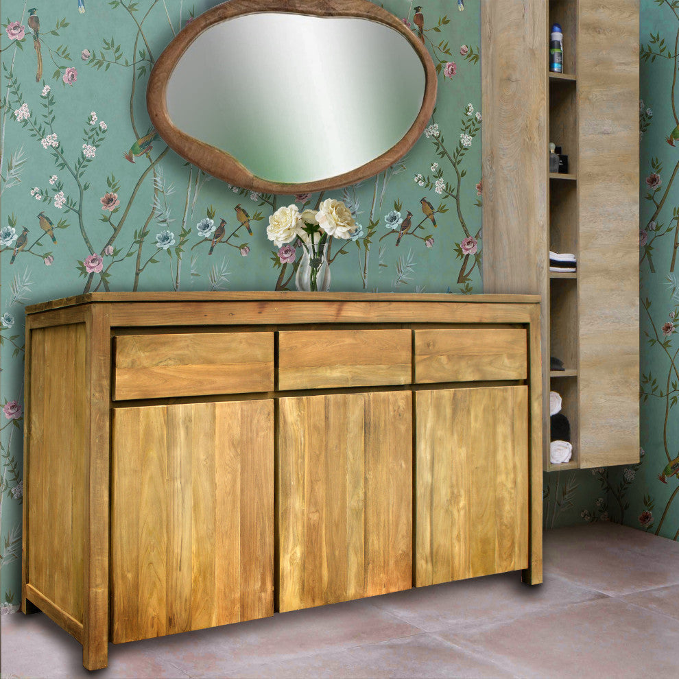Recycled Teak Wood Valencia Bathroom Linen Cabinet With 3 Doors/3 Drawers