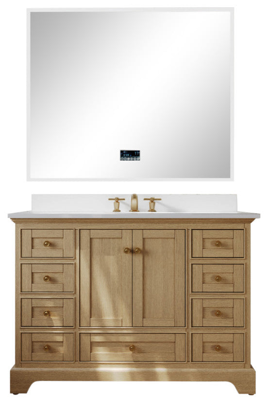 Audrey Vanity Set, Oak, 48", Gold Hardware, White Quartz Top