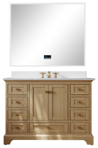 Audrey Vanity Set, Oak, 48", Gold Hardware, White Quartz Top