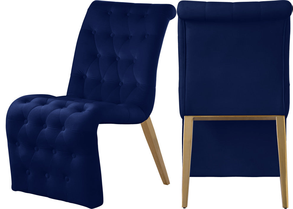 Curve Button Tufted, Fabric Upholstered Dining Chair, Set of 2, Navy Velvet