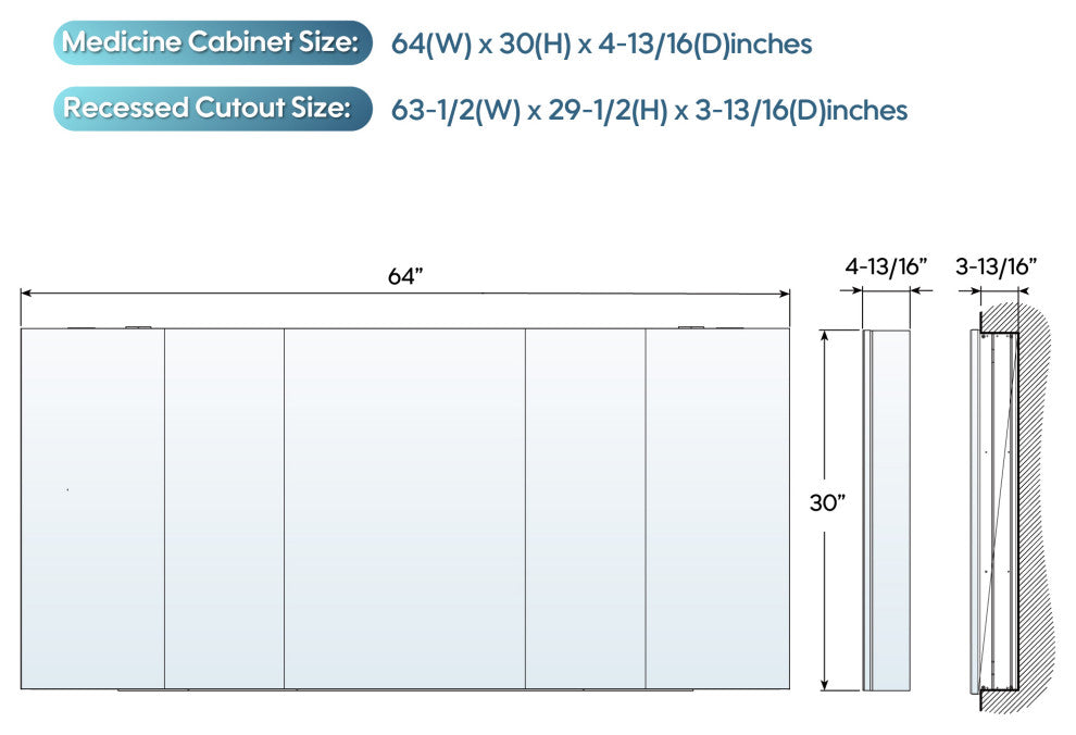 Recessed/Surface Mount Bathroom Medicine Cabinet, Reverse Installation, 64"x30"-