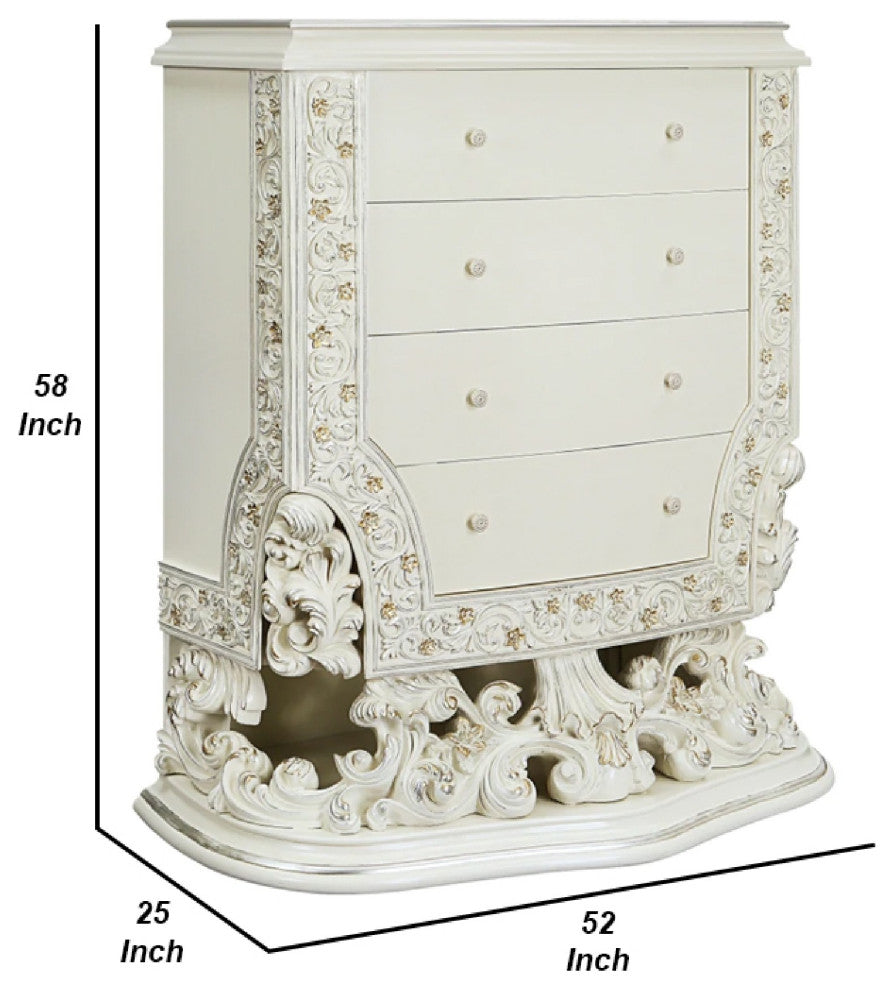 Benzara BM275673 Classic Ornate Carved Tall Dresser Chest, 4 Drawer, Wood, White