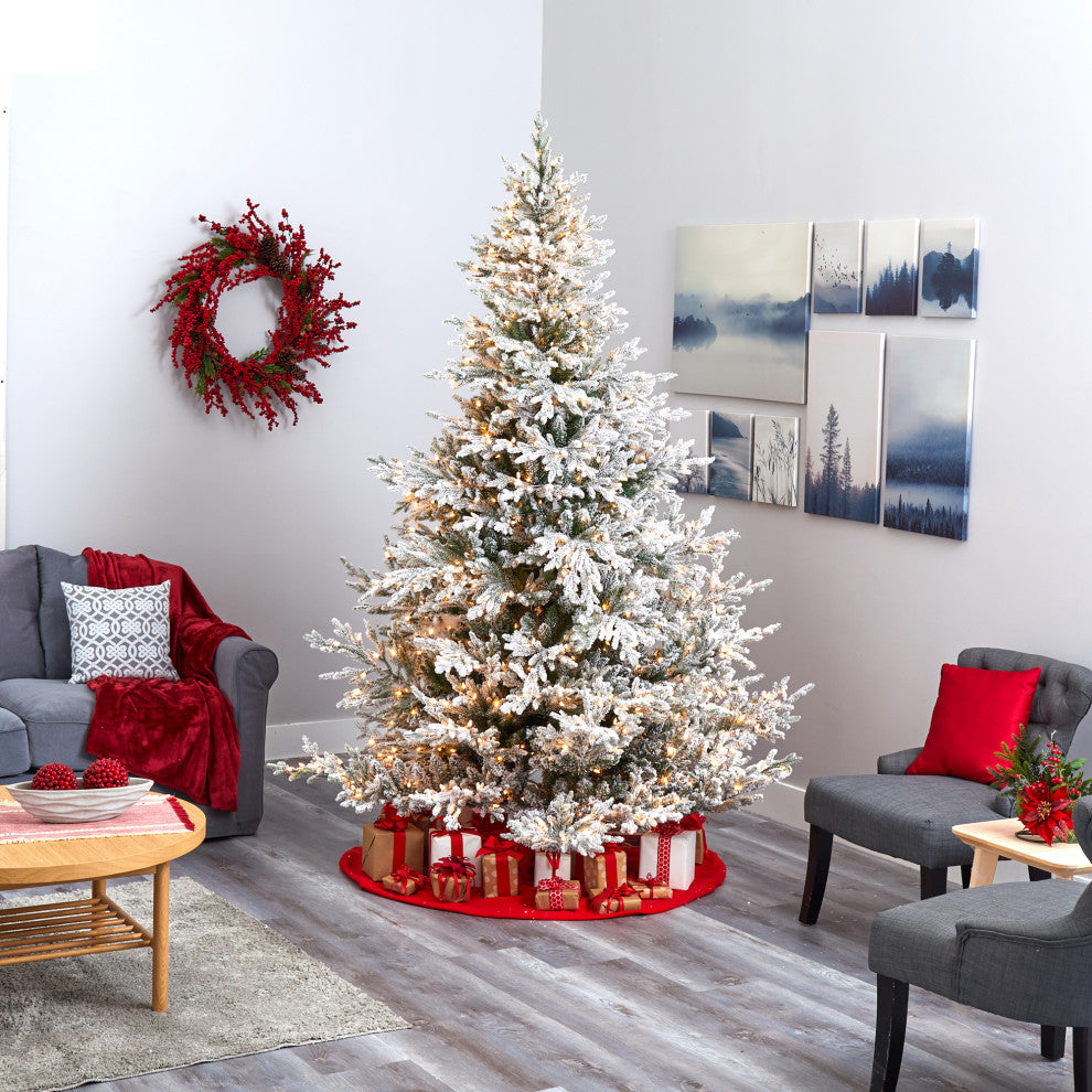 8' Flocked Fraser Fir Faux Xmas Tree W/800 White Lights & 4892 Bendable Branches