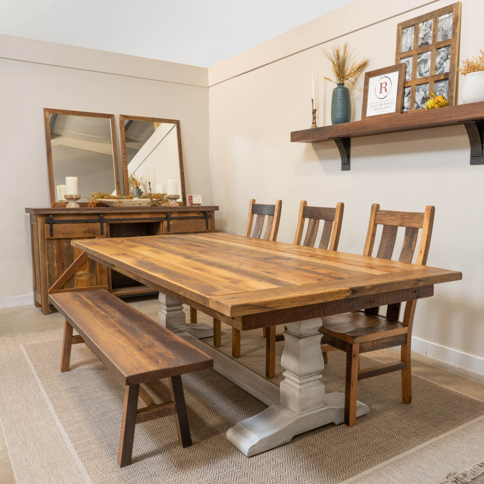 Avon Reclaimed Barnwood Dining Table, Trestle Base, Natural, 48x102, 2 Bb Ext