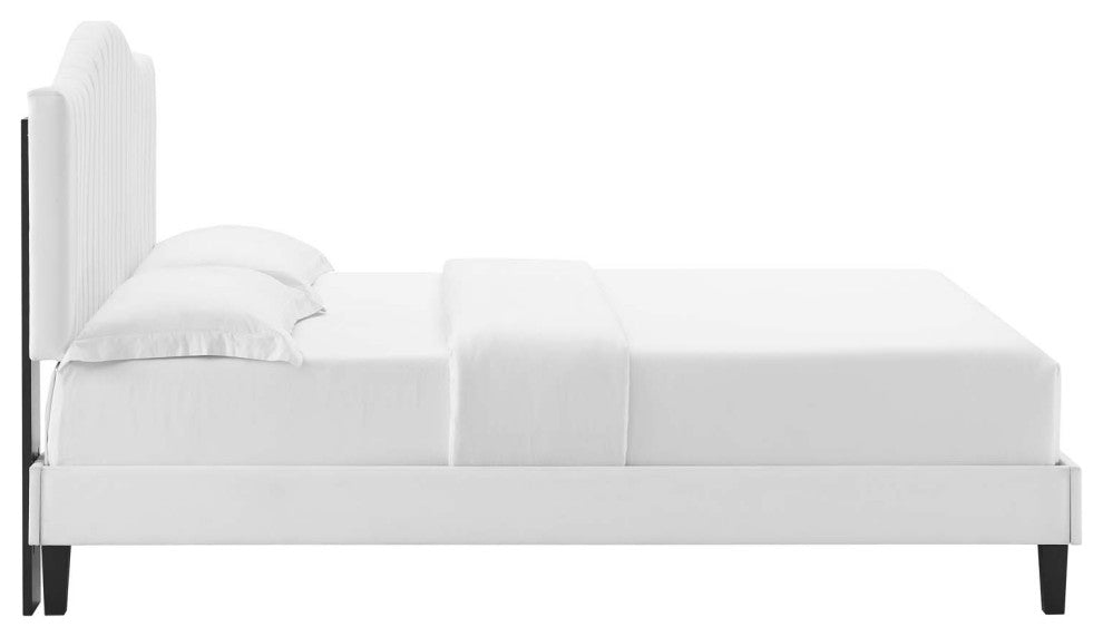 Tufted Platform Bed Frame, Queen Size, Velvet, White, Modern Contemporary