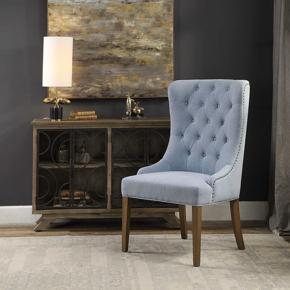Elegant Curved Back Soft Blue Gray Wing Chair, Button Tufted Ring Pull Retro