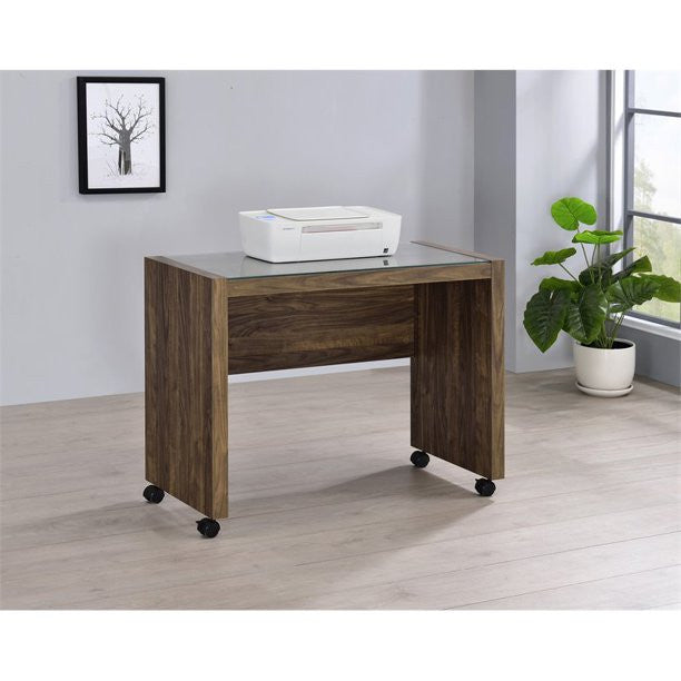Modern Desk, Wooden Frame With Wheels & Tempered Glass, Aged Walnut Finish
