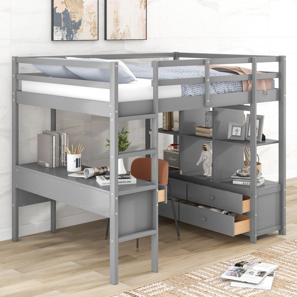 Gewnee Full Size Loft Bed with Built-in Desk with Two Drawers in Gray