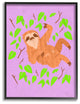 The Kids Room Sloth In Green Leaves on Pink Cartoon Framed Giclee Art, 16"x20"