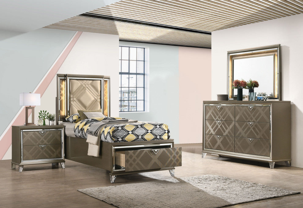 ACME Skylar Twin Bed With Storage, LED, PU and Dark Champagne