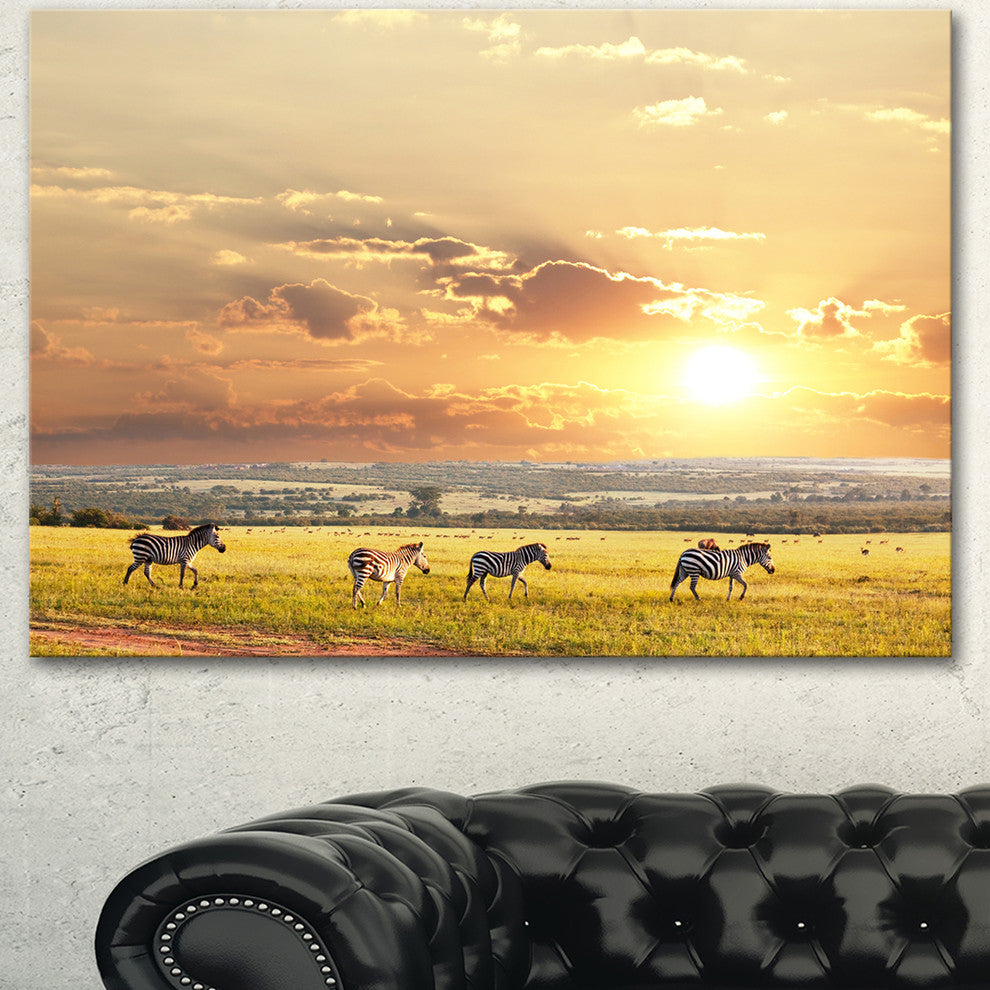Zebras Wandering in African Prairie, Oversized Landscape Canvas Art, 40"x30"