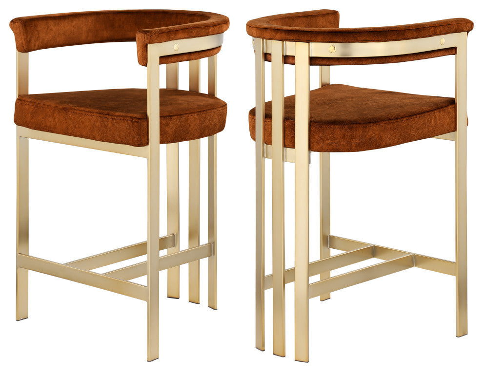 Marcello Upholstered Counter Stool, Cognac, Velvet, Brushed Brass