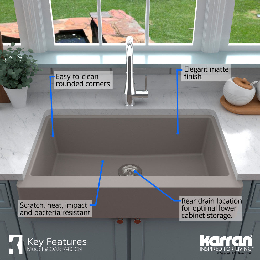 Karran Retrofit Farmhouse Quartz 34" Single Bowl Sink Kit, Concrete