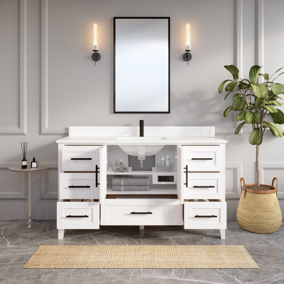 Houston 60" Single Vanity With Power Bar and Drawer Organizer, White