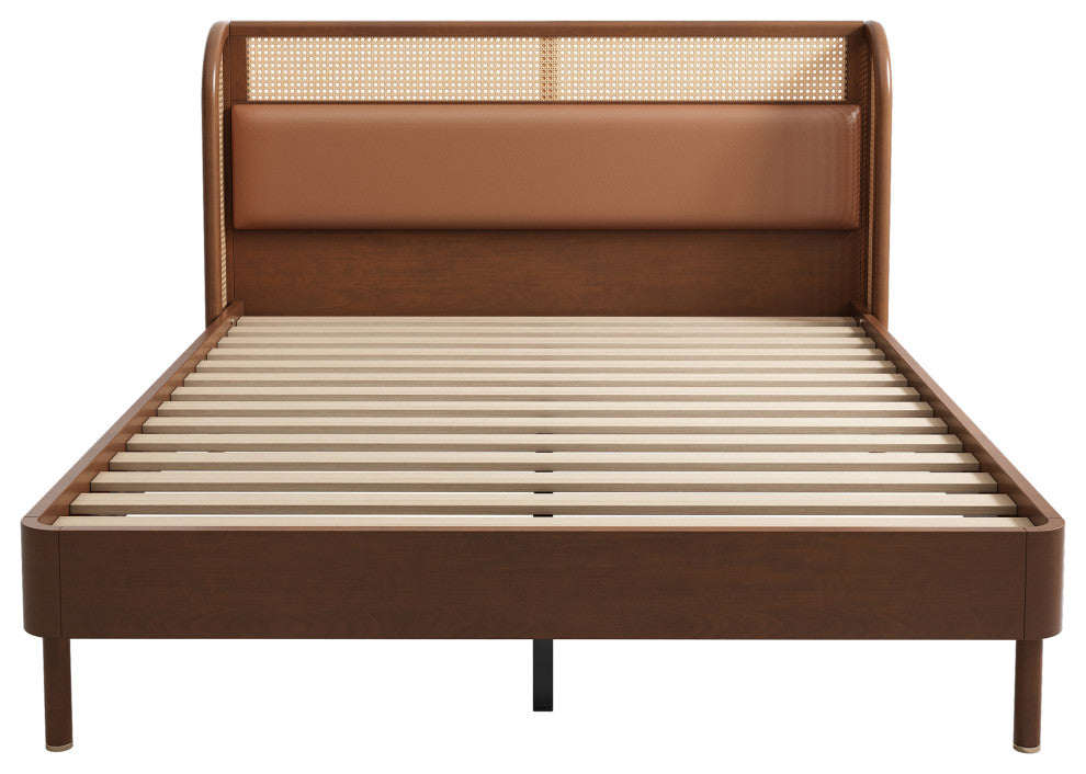 Black/Walnut Queen Wood Frame Platform Bed, Wingback Headboard, Walnut