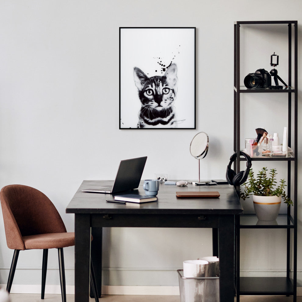 "Bengal Cat" Black and White Pet Paintings on Printed Glass with Anodized Frame