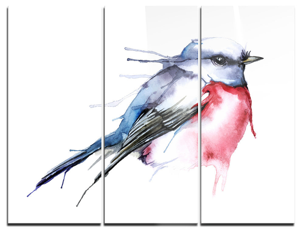"Bird in Blue and Red" Watercolor Metal Wall Art, 3 Panels, 36"x28"