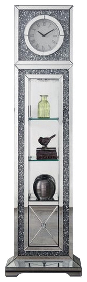 Benzara BM269095 Mirrored Grandfather Clock, 1 Drawer and Faux Diamonds, Silver
