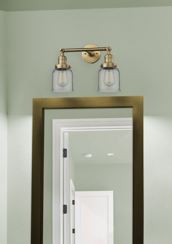 Small Bell 2-Light Bath Fixture, Brushed Brass, Glass: Clear
