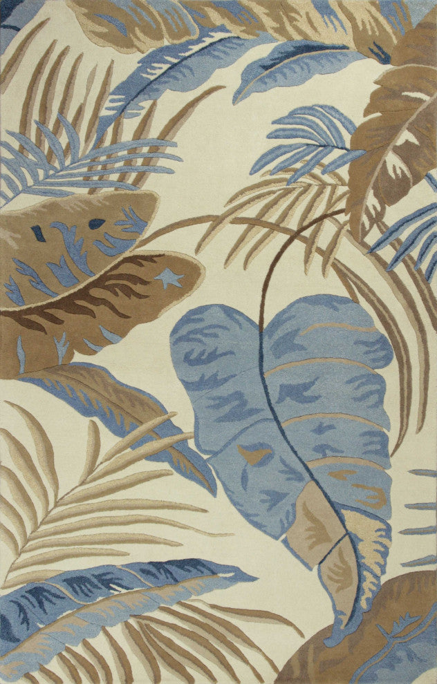 HomeRoots 8'x11' Ivory Blue Hand Tufted Tropical Leaves Indoor Area Rug