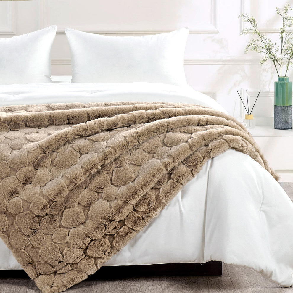 Cloud Carved Faux Fur Throw Blanket, Light Taupe