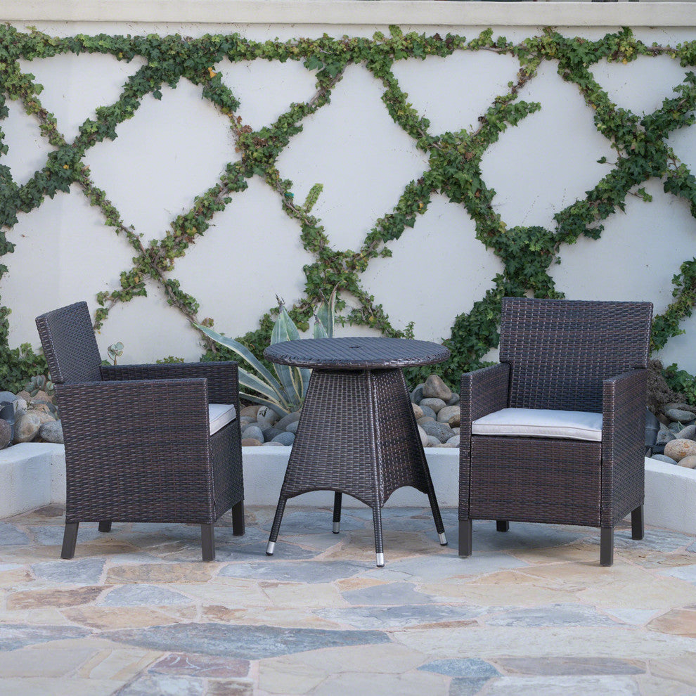GDF Studio 3-Piece Shiny Outdoor Wicker Round Dining Set With Cushions