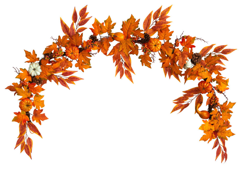 6' Assorted Fall Maple Leaves, Pumpkins, Gourds, Berries & Pinecone Faux Garland