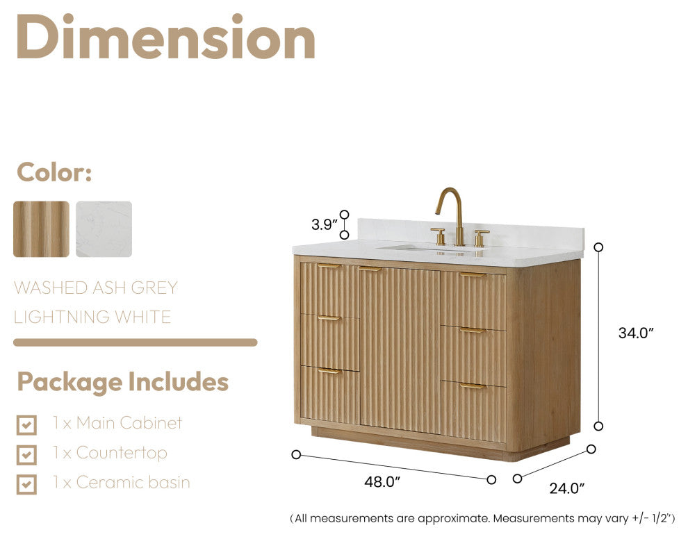 Vinnova Cadiz Bath Vanity, Composite Stone Top, Washed Ash Grey, 48", No Mirror