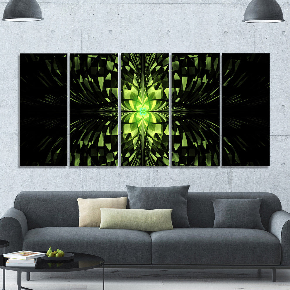 Green Butterfly Pattern on Black, Abstract Wall Art Canvas, 60"x28", 5 Panels