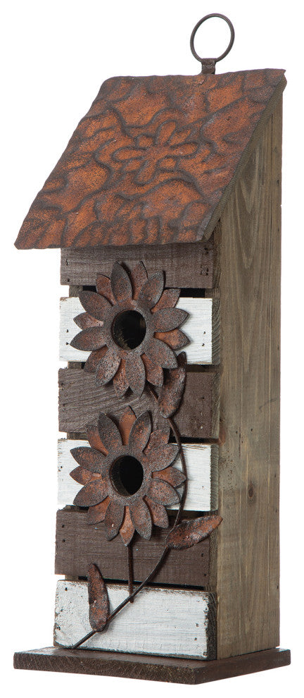 14.5"H Brown/White Two-Tiered Distressed Solid Wood Birdhouse